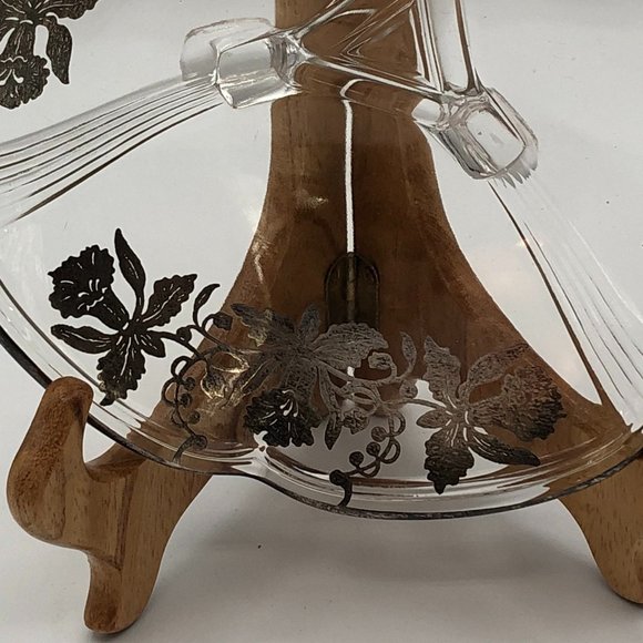 Vintage Clear Glass Footed Serving Dish Plate Overlay Trim Flowers - Picture 3 of 9